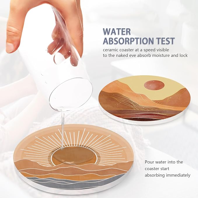 6 Pcs Coasters for Drinks with Holder, Boho Mountain Sun Absorbent Ceramic - Image 5