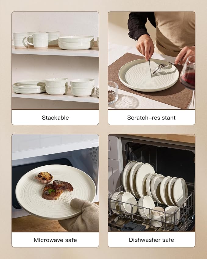 Stoneware Dinnerware Sets for 8, Plates and Bowls, Cream | 24-Piece Ceramic - Image 4
