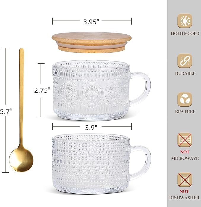 Vintage Coffee Mugs 12pcs Overnight Oats Containers Embossed Glass Tea Cups | - Image 7