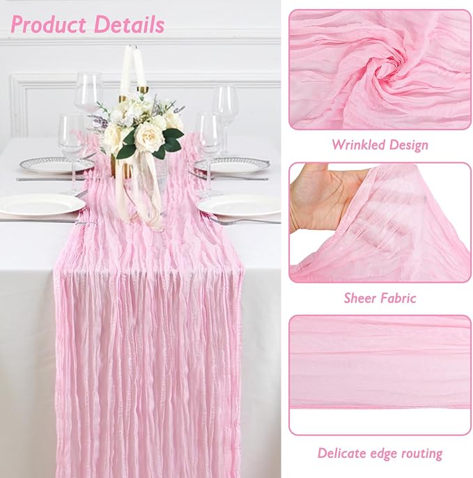3 Pack Candy Pink Cheesecloth Table Runner 120 Inch Boho Wedding Decor | - Image 3