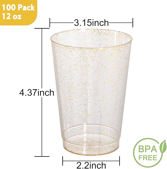 IOOOOO 100 Pack 12 oz Gold Glitter Cups, 12 Ounce Glitter Plastic Tumblers - Image 2
