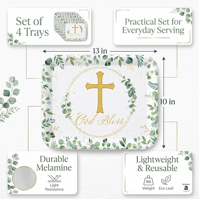 Vesici 4 Pack Eucalyptus God Bless Melamine Serving Trays, 13 x 10 Inch - Image 2