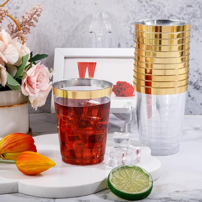 DaYammi 200 Pack Gold Plastic Cups 10 Oz Clear Cup Gold Rimmed Disposable Wine - Image 4
