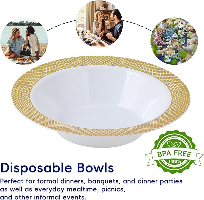 Plastic Bowls with Gold Grid Rim Disposable 12oz Bolws 50Pack | Disposable - Image 4