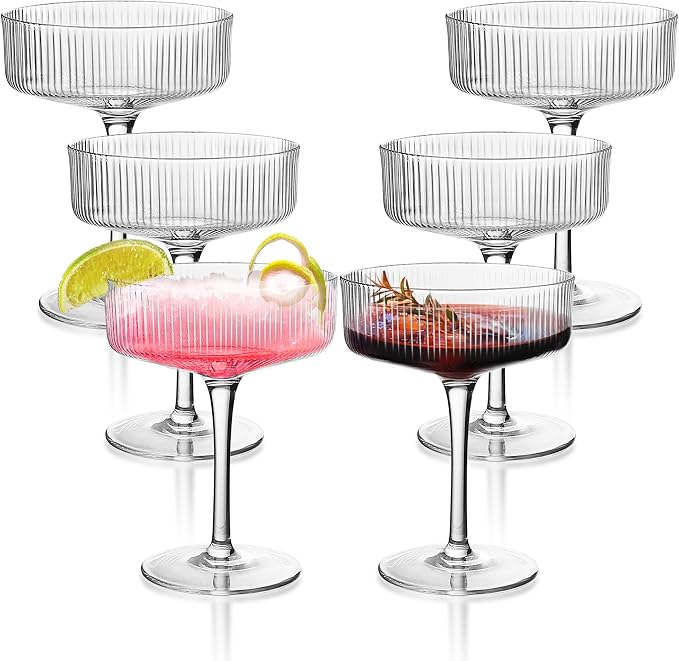 Montex Ribbed Coupe Glasses Set of 6, 10 oz Crystal Espresso Martini Glasses by Montex