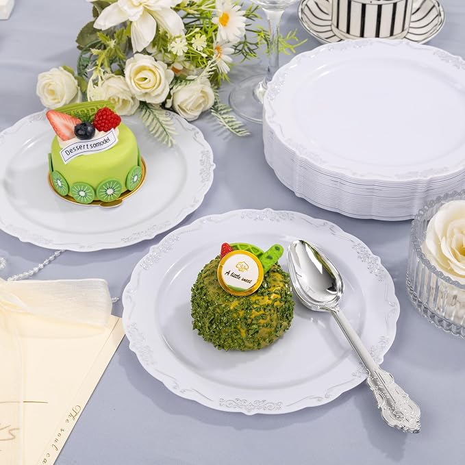 DaYammi 60PCS White and Silver Plastic Plates, Heavy Duty White and Silver - Image 6