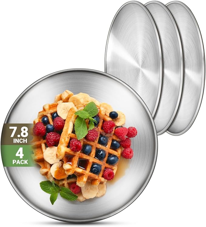 4 Stainless Steel Plates, 7.8 inch 304 Metal Camping Plate, Reusable Food by Offiper