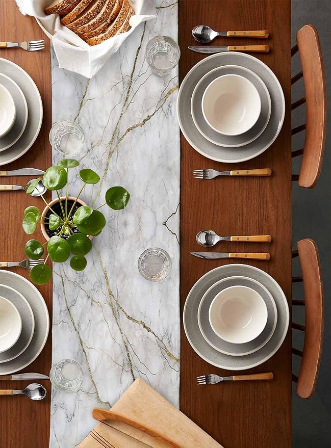 Marble Table Runner-Cotton Linen-Long 108 inche White Gray Gold Dresser Scarves - Image 2