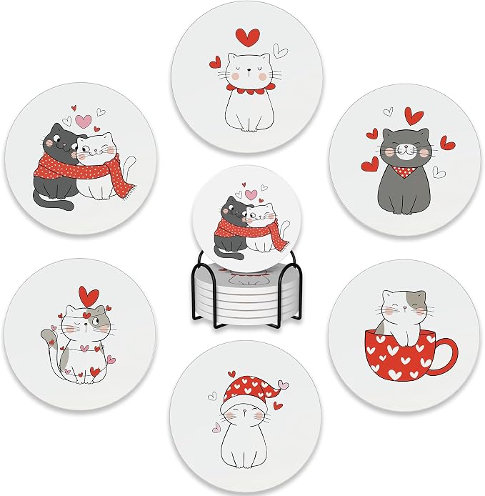 6 Pcs Coasters for Drinks with Holder, Sweet Cat in Love Cute Absorbent Coaster by BUYIDUI