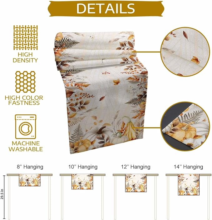 White Golden-Yellow Pumpkin Fall Table Runner 48 Inches Long, Thanksgiving - Image 8