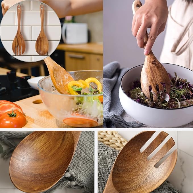 13-Inch Teak Wood Salad Spoon and Fork, Large Wooden Salad Serving Spoon and - Image 6