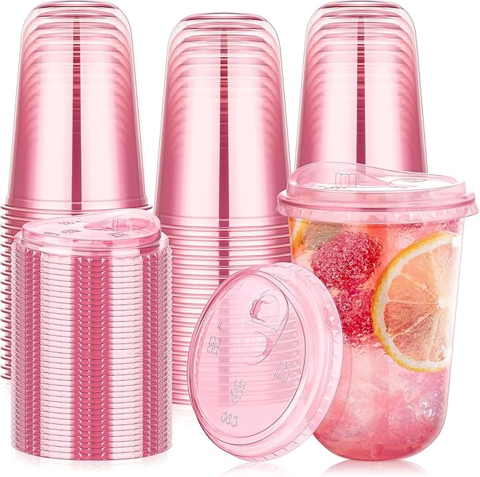 KesaPlan 100 Pack 16 oz Pink Round Bottom Plastic Party Cups by KesaPlan