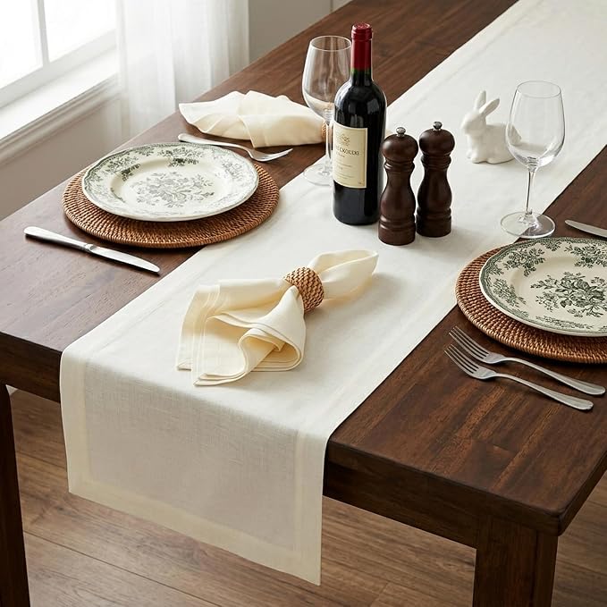 Solino Home 100% Pure Linen Table Runner Ivory, Fete 14 x 156 Inch Long | Table - Image 3