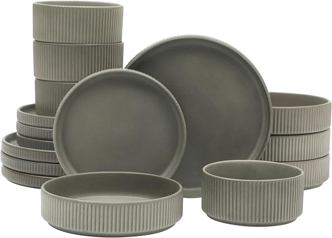 Gibson Elite Deerfield 16-Piece Stoneware Dinnerware Set – Soft Grey Reactive by GibsonHomewares