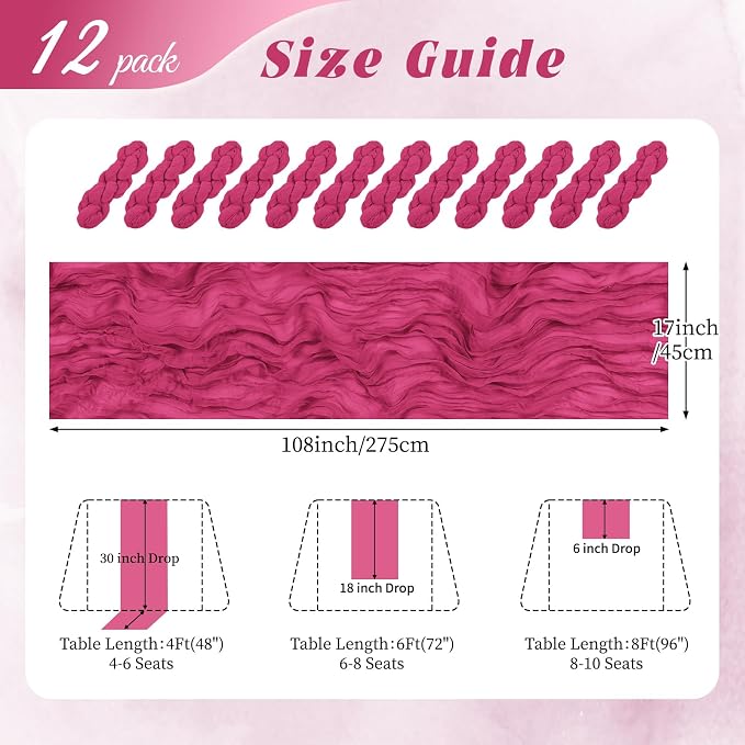 12 Pack Hot Pink Cheesecloth Table Runner 17x108 Inch Semi Sheer Boho Gauze - Image 2