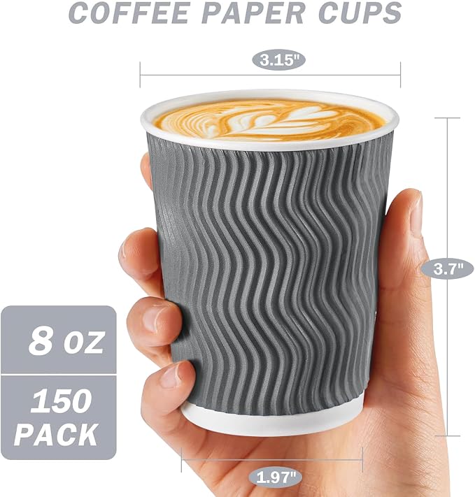 Clawsoff 150 Pack 8 oz Coffee Cups Disposable Insulated Paper Cup Gray | - Image 2