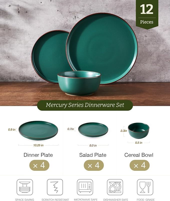 Famiware Mercury 12-Piece Stoneware Dinnerware Set, Dark Green | Plates and - Image 2