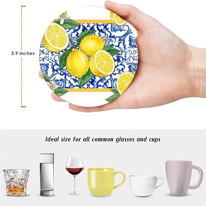 Coasters for Drinks, Ceramic Stone Yellow Blue | Absorbent Round Lemon Fruit - Image 2