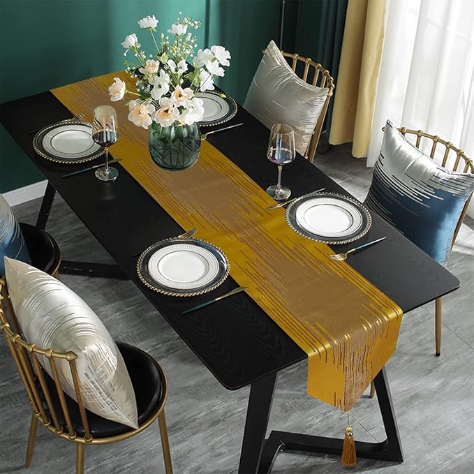 Luxury Gold Texture Table Runner, Modern Abstract Striped, Tassel | Table - Image 6