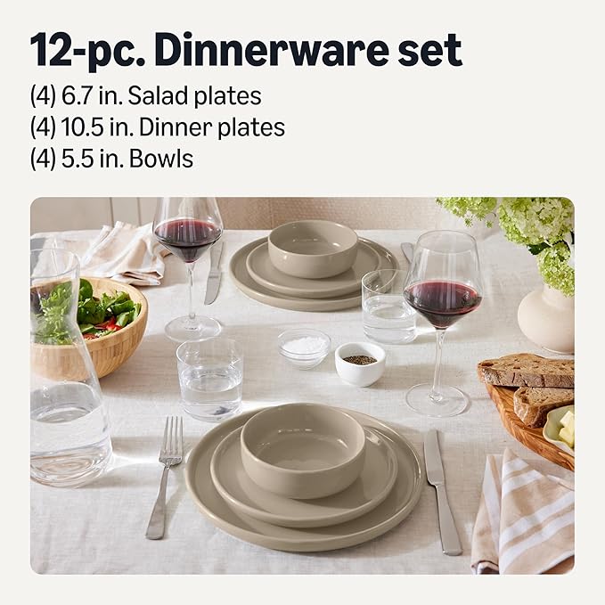 Amazon Basics Glazed Stoneware Dinnerware, 12-Piece Set, 4 Full Place Settings - Image 2