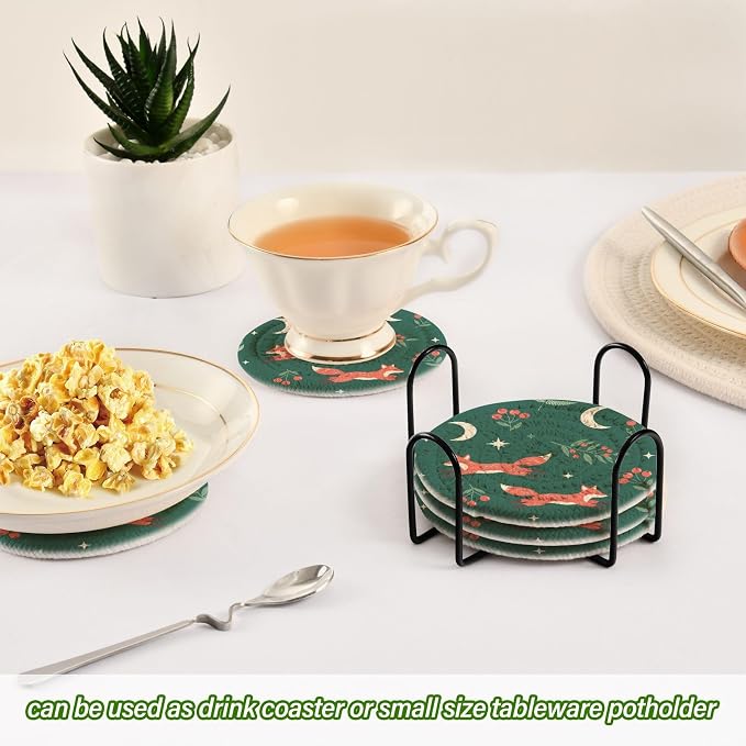 Winter Fox Berries Green Print Coasters - Image 6