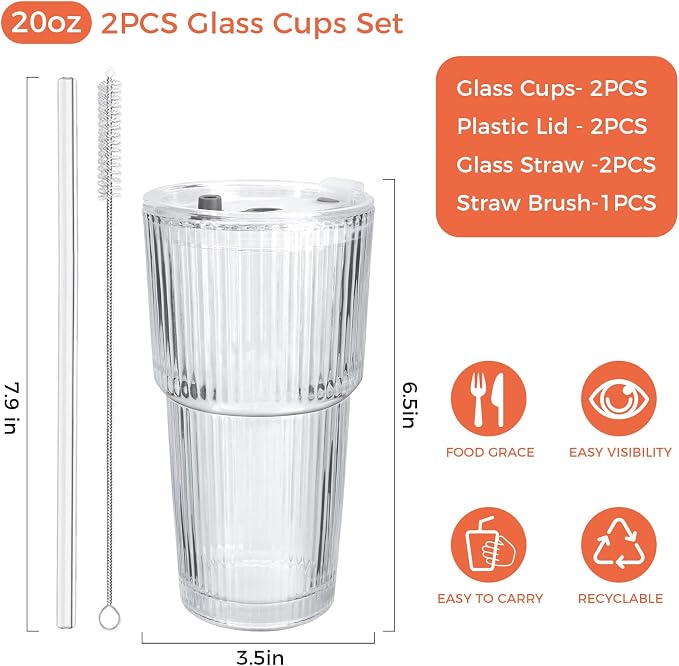 2PCS 20oz Glass Cups with Lids and Straws, Iced Coffee Cups with Lids, Stylish - Image 3