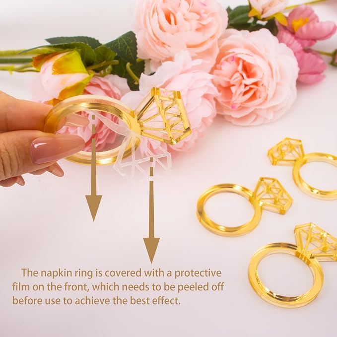 Edussy Gold Napkin Rings Set of 12, Acrylic Mirror Diamond Napkin Ring Holders - Image 6