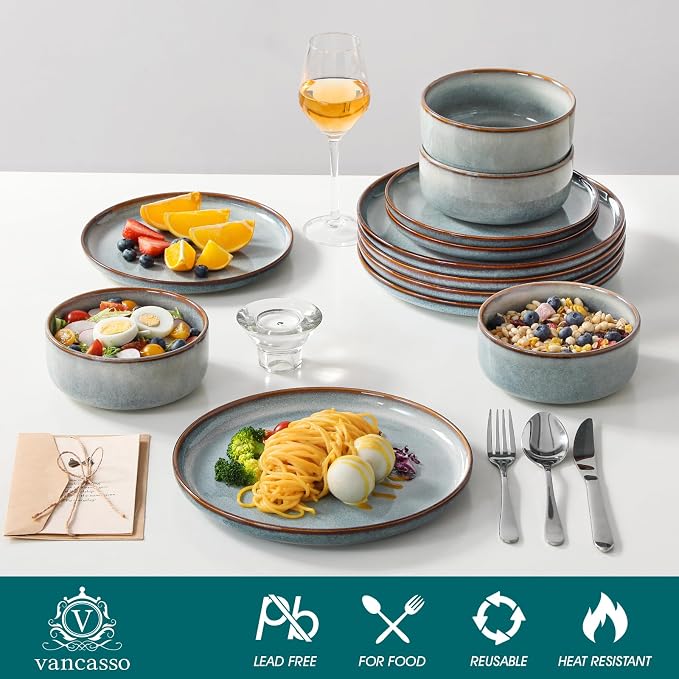 vancasso PLAYA Plates and Bowls Sets, 12 Pieces Light-Blue Dinnerware Sets - Image 3