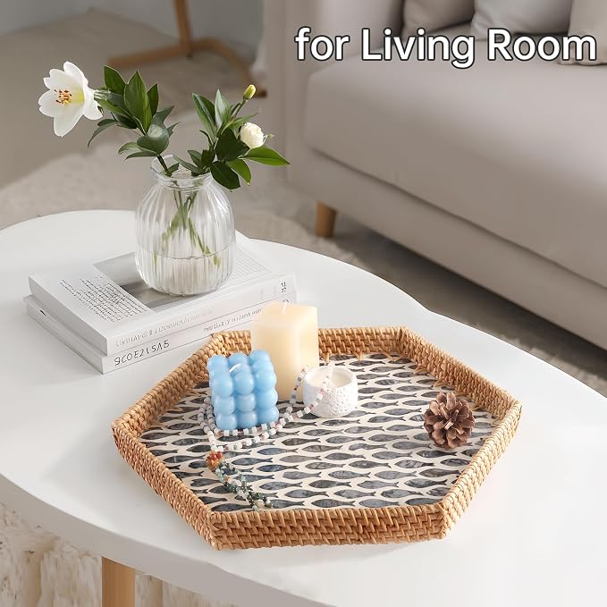 Hexagon Rattan Tray with Mother of Pearl Inlay, Rattan Serving Tray - Image 7
