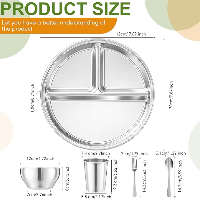 Jinei 10 Pcs Stainless Steel Dishes Set 2 Stainless Steel Plates, 2 Bowls - Image 3