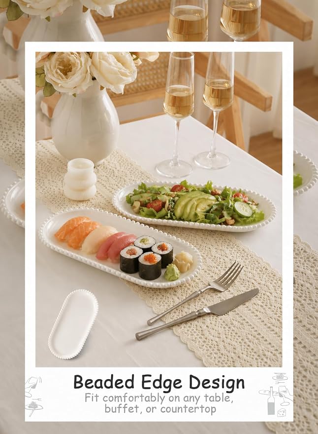 12 Inch White Porcelain Oval Serving Platters Set of 6 | Extra Large, Bead Rim - Image 2