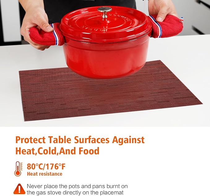 Placemats Set of 8, Vinyl Woven Red Non Slip Table Mats | Heat Resistant - Image 3