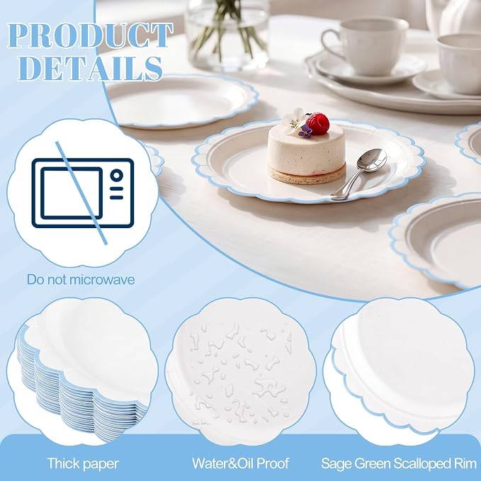 NatNarr 30 Pcs Light Blue Plates 9" Scalloped Blue and White Dessert Plates | - Image 3
