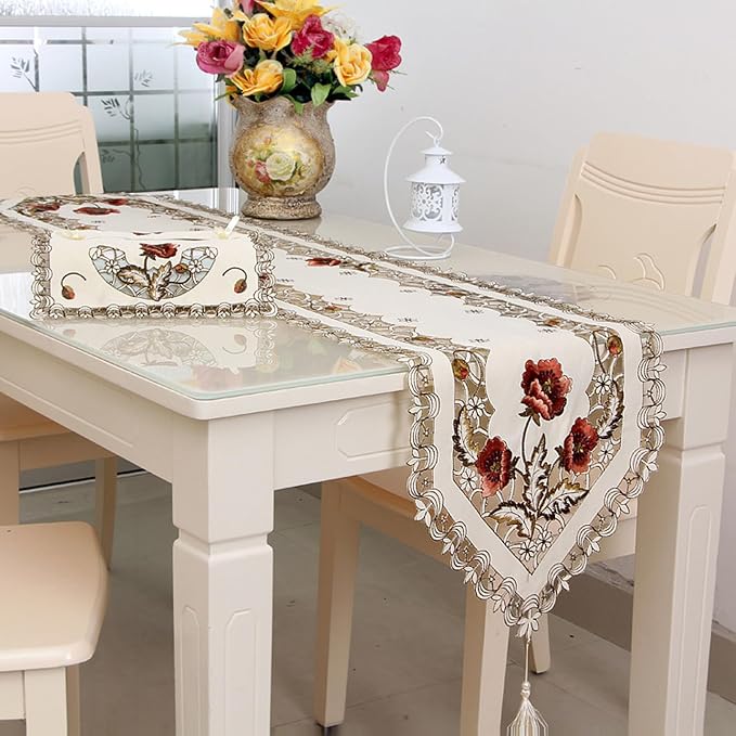 LeLehome 15" X 77" Rufous Flowers Embroidery Beige Table Runner, Floral Rose - Image 2