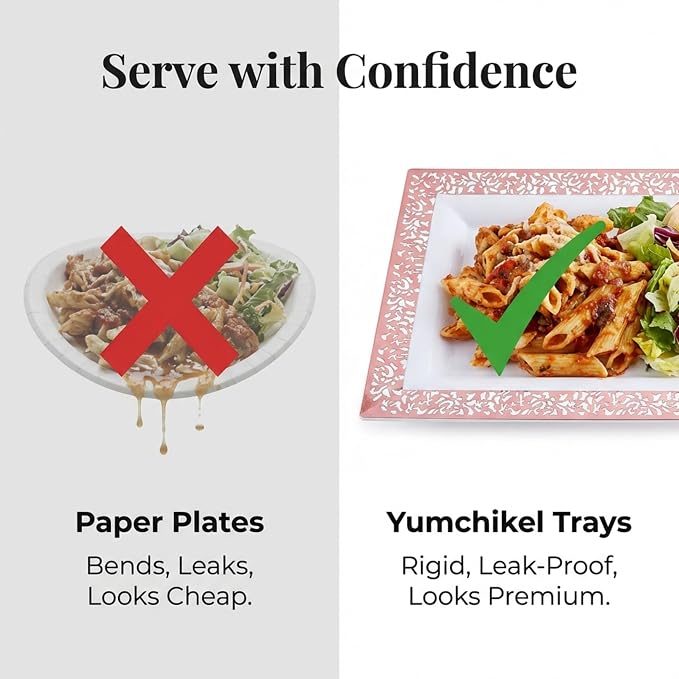Yumchikel-Plastic Serving Tray & Platter Set White & Rose Gold Lace Disposable - Image 7