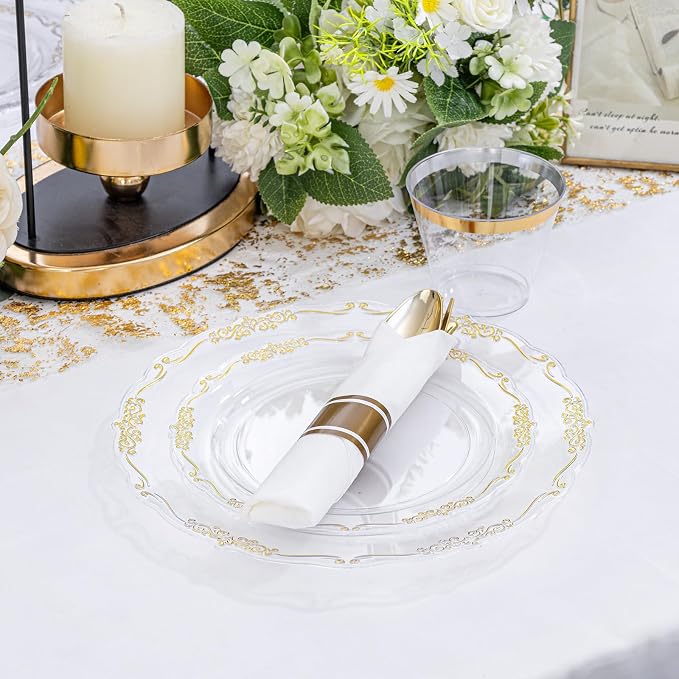 U-QE 100PCS Clear Gold Plastic Plates - Image 4