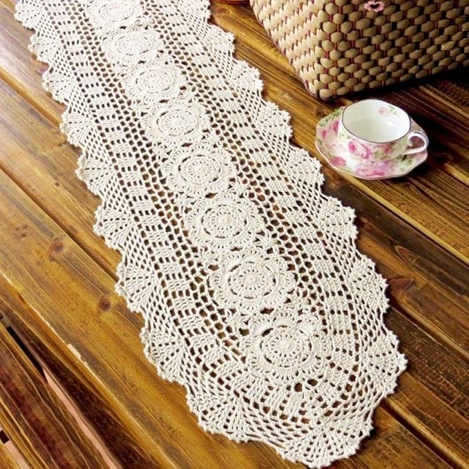 Cotton Handmade Crochet Lace Oval Table Runner Black 12x72 Inch - Image 2