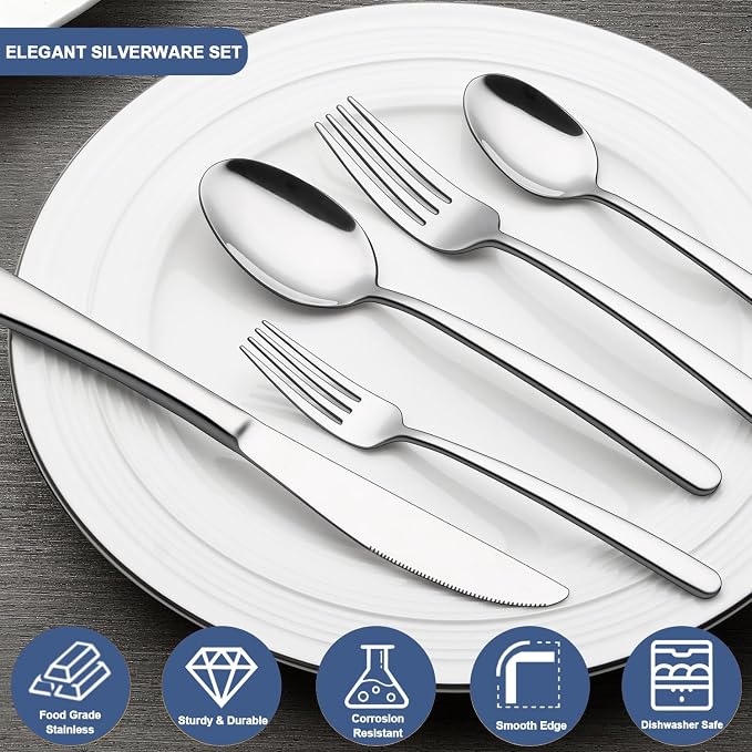 60-Piece Silverware Set for 12, Wildone Premium Stainless Steel Flatware Set - Image 3