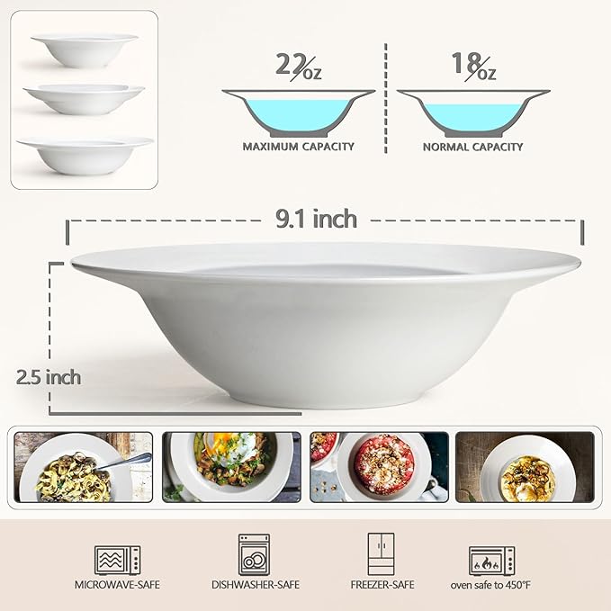 Pasta Bowls Set of 4, 22 oz Ceramic Soup, Pasta and Salad Bowls, Rimmed Deep - Image 2