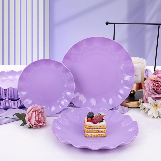 LIYH 24pcs Purple Plastic Plates Reusable, Unbreakable Dinner Plates, Scalloped - Image 7