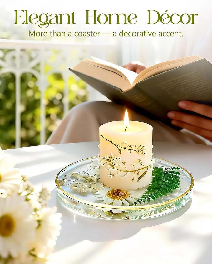 Oqplog Resin Drink Coasters for Desk Coffee Table-Cute Dried Flowers Round - Image 5