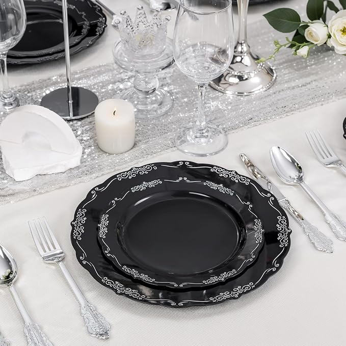 DaYammi 60PCS Black and Silver Plastic Plates, Heavy Duty Black and Silver - Image 2