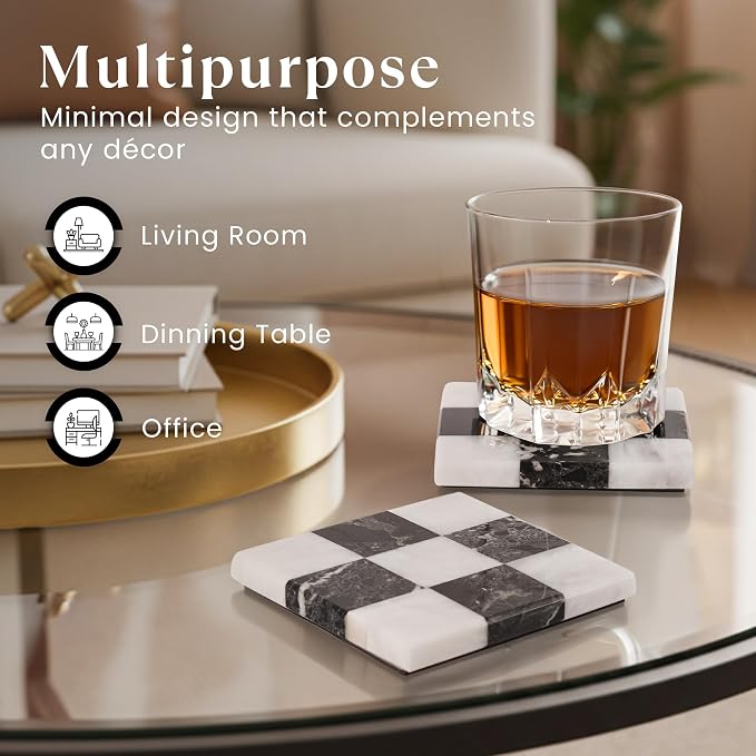 Marble Coasters Set of 4, Zebra Black & White Handmade 4 inch Square Checkered - Image 5