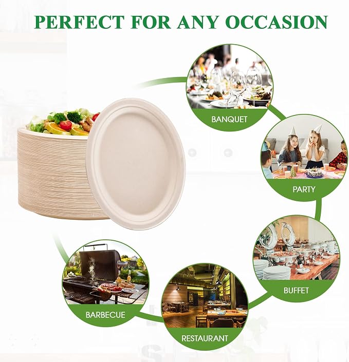 Vplus 100% Compostable Oval Paper Plates 12 inch 120 Pack, Nature | Super Strong - Image 6