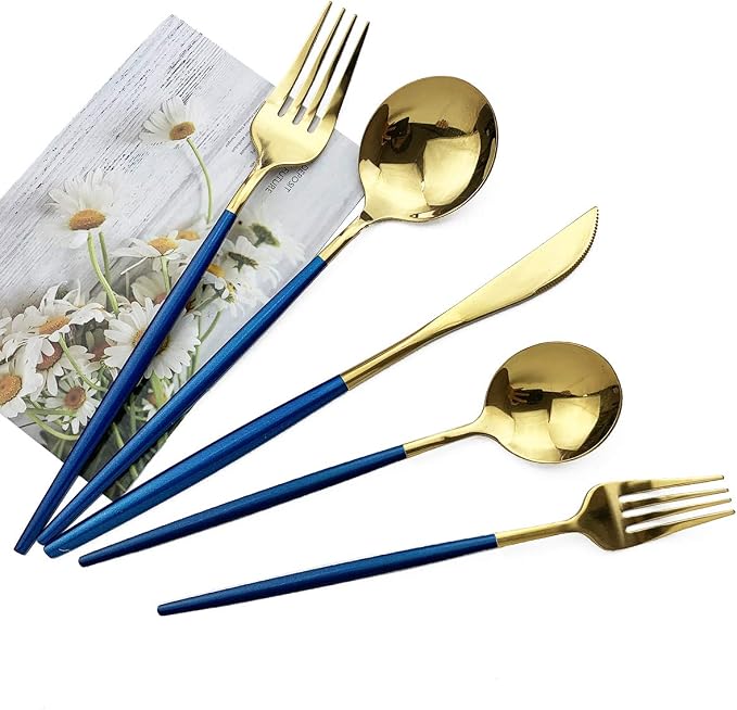 JASHII Blue Gold Silverware Set, 20-Piece Stainless Steel Satin Finish Flatware - Image 3