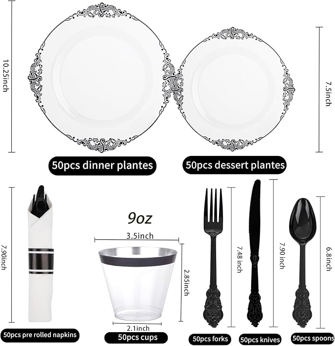 350 Pcs Clear Black Plates for Party | Black Party Plates Set for 50 Guests - Image 5