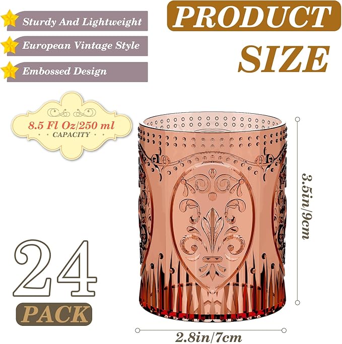 Qinyoung 24 Plastic Vintage Drinking Glasses 8.5oz Stemless Retro Embossed Wine - Image 3