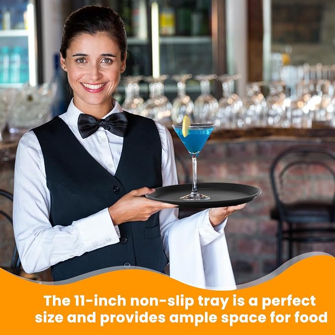12 Pcs Black Restaurant Serving Trays Bulk Plastic Non Slip Surface Round Drink - Image 3