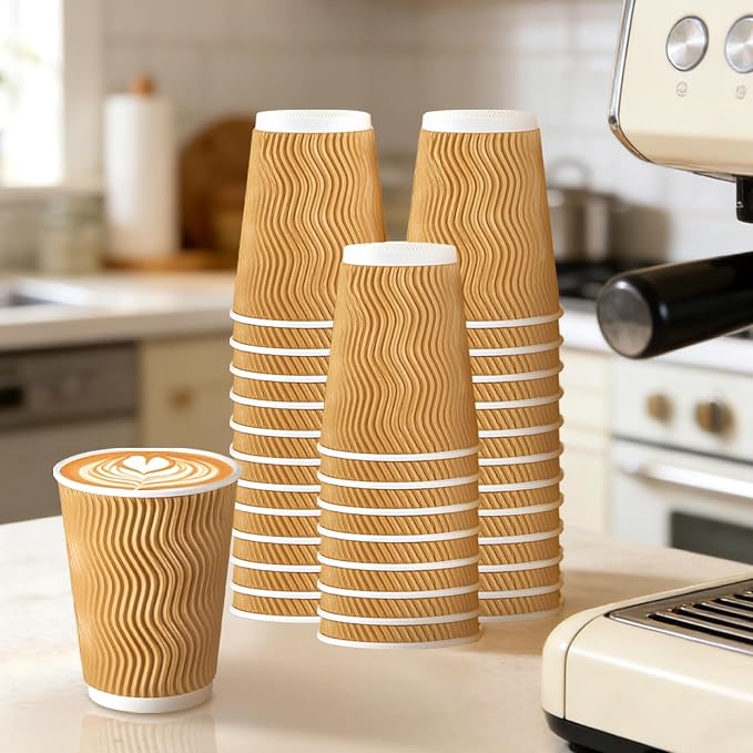 Clawsoff 500 Pack 12oz Insulated Disposable Paper Coffee Cups Champagne | Thick - Image 4