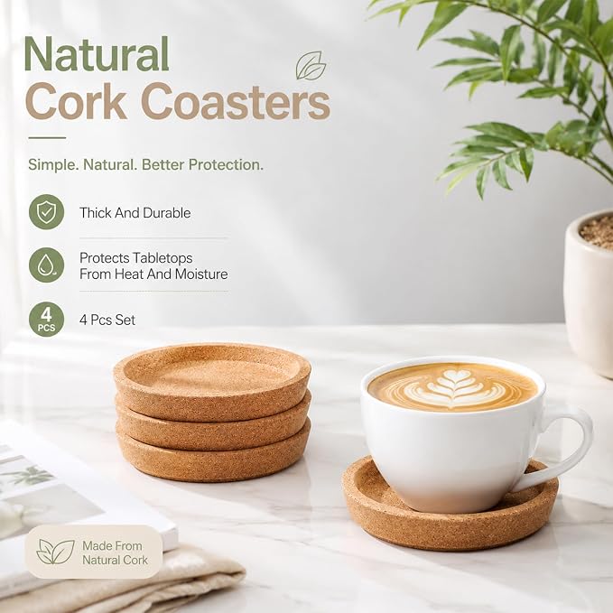 Cobee 4 Pack Cork Coasters, Absorbent Round Cup Coasters - Image 5